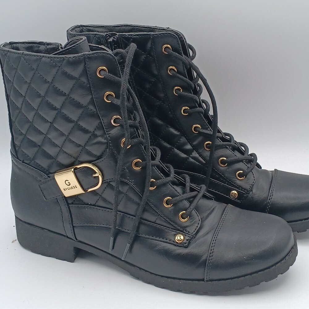 G by Guess Shoes Black Faux Leather Combat Boots Size 9M.